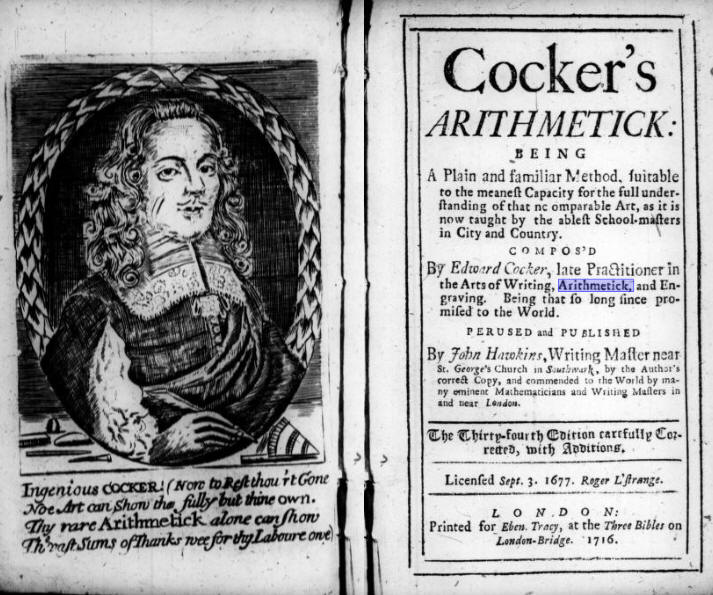 1716 cover page of Cocker's Arithmetick