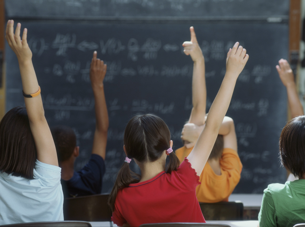 Students raising hands in classroom